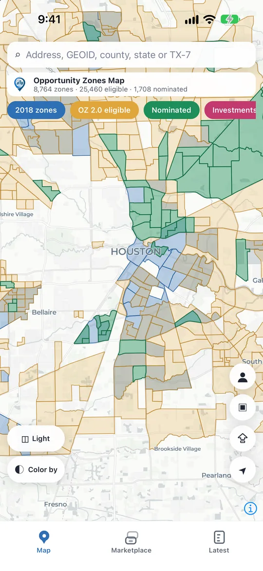 The map over Houston with the 2018 Opportunity Zones, the OZ 2.0-eligible tracts and the state nominations, and the counts in the header.