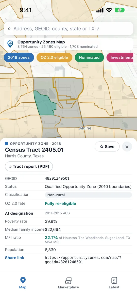 The card for Census Tract 2405.01 in Harris County, Texas: its status rows, the Tract report (PDF) button and the Census figures behind its eligibility.