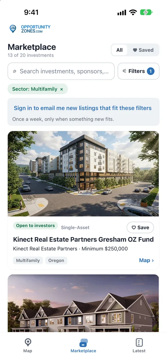 The Marketplace tab filtered to Multifamily, with the first listing cards and the prompt to save the search.