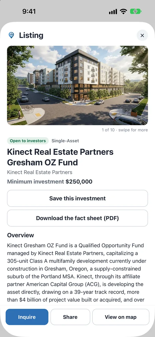 A listing: its gallery, Open to investors, the minimum investment, Save, the fact sheet, the overview, and the Inquire, Share and View on map buttons.