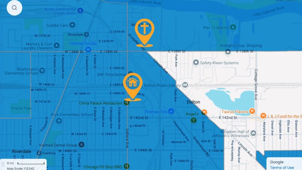 Map showing the locations of Pope Leo XIV's childhood home, church, and school within two Opportunity Zones on Chicago's Far South Side.