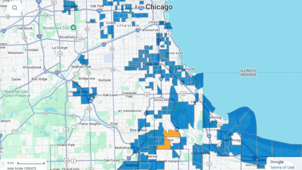 Map showing the locations of the Opportunity Zones in Pope Leo XIV's childhood neighborhoods of Riverdale and Dolton on Chicago's Far South Side.